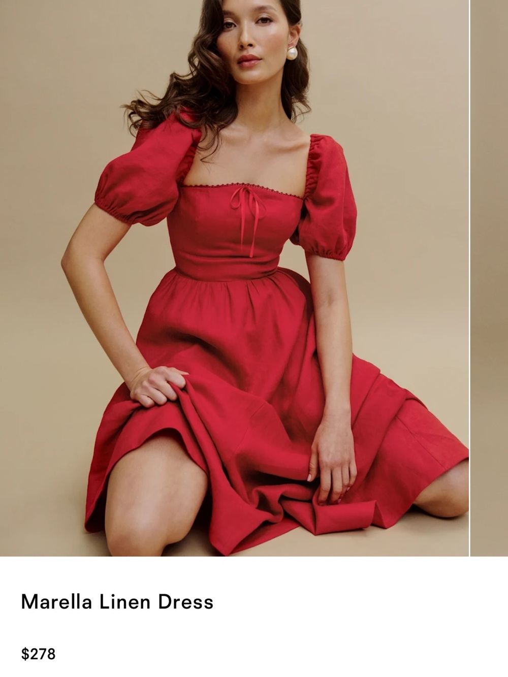 Reformation Marella Red Linen Puff-Sleeve Dress -Cherry